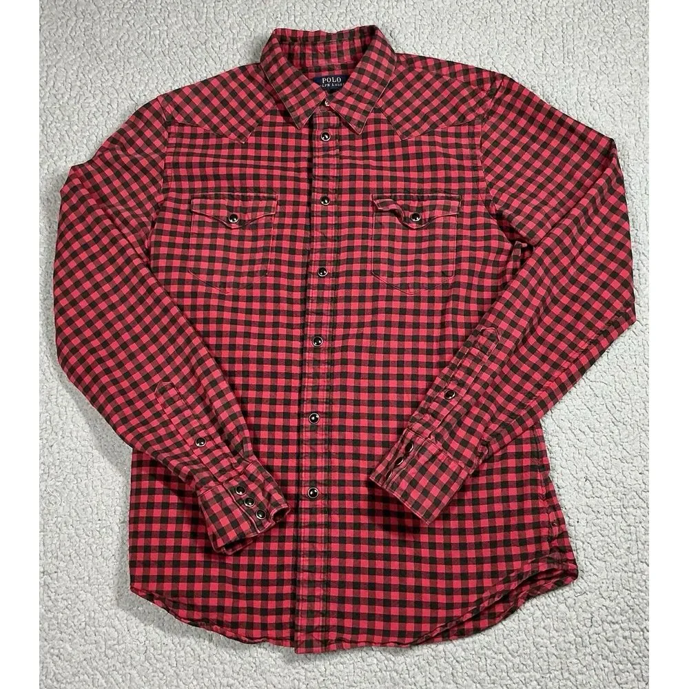 Polo Ralph Lauren Shirt Mens Medium Red Black Gingham Pearl Snap Western Cowboy